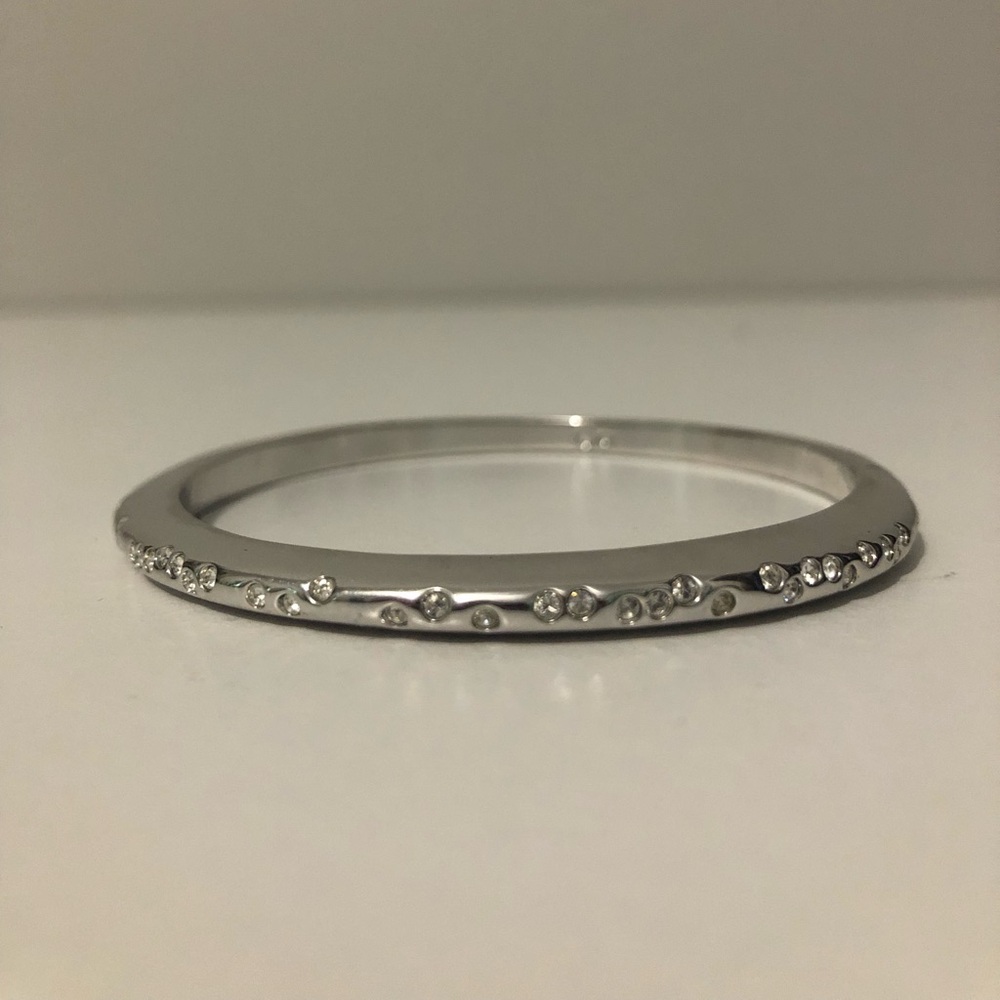 Swarovski Crystal Accent Bangle Bracelet Silvertone Asymmetrical